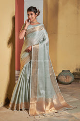 Premium Coral Blue Golden Zari Worked Border Heavy Banarasi Saree